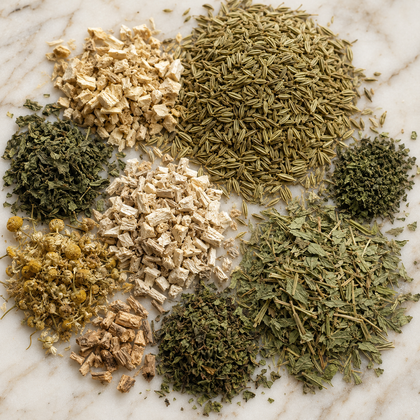 An assortment of dried and chopped herbs and spices arranged in small piles on a white marble surface. The mix includes green leafy herbs, a pile of light beige dried roots or bark, yellow dried flowers, and brown seeds or grains.