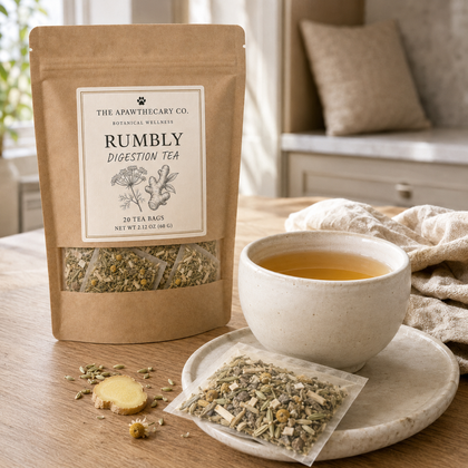 A kraft paper pouch of The Apawthecary Co. Rumbly Digestion Tea stands on a wooden table beside a cup of amber tea and a small tea bag on a saucer.