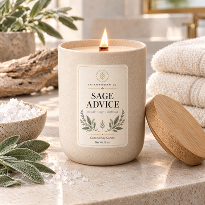 Sage Advice candle in a coastal herbal spa bathroom