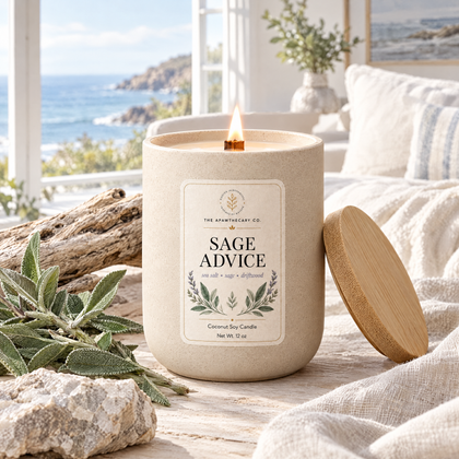 Sage Advice candle in an airy coastal living room