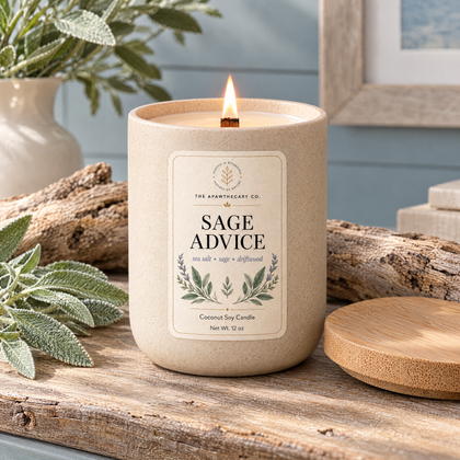 Sage Advice candle on a refined coastal entryway console