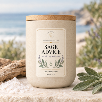 Sage Advice product image with coastal herbal background