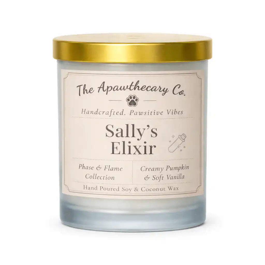Candle labeled 'Sally's Elixir' from The Apawthecary Co. on a white background