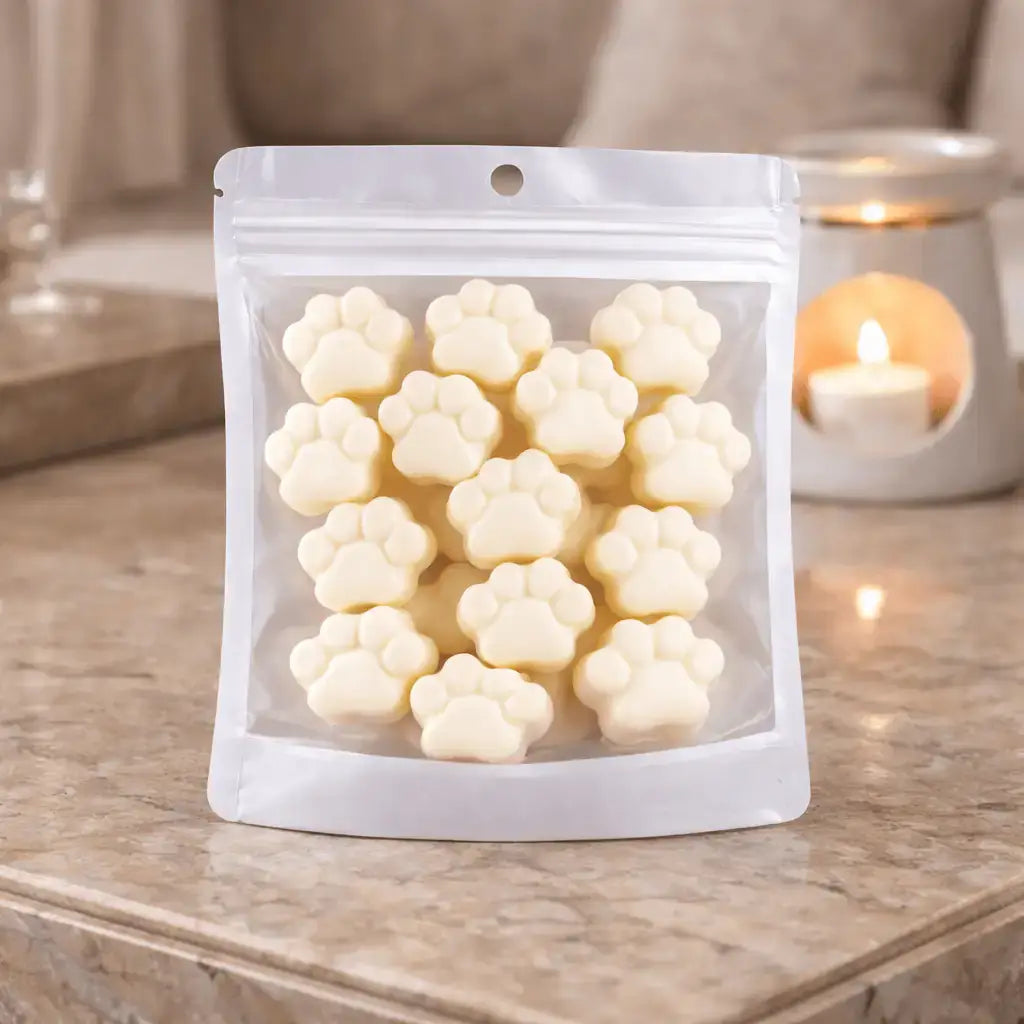 Signature soy & coconut wax melts in paw-shaped molds packaged in a clear pouch.