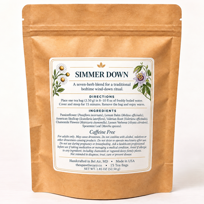 Simmer Down V3 back label: seven ingredients, covered 15-minute brewing directions, adult precautions, 15 bags and 52.50 g.