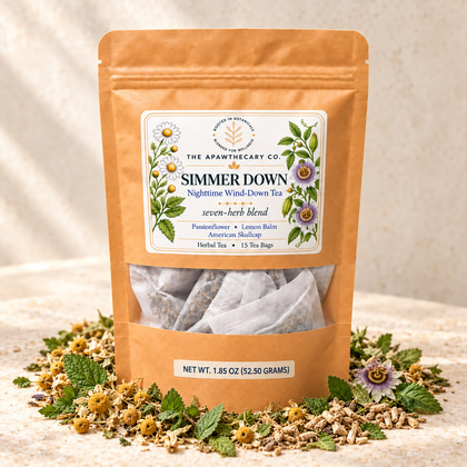 Simmer Down tea; corrected three-herb front label, seven-herb blend, 15 tea bags, 52.50 g.