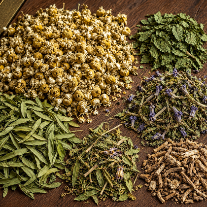 Selected botanicals, illustrated; Simmer Down V3 herbal tea.