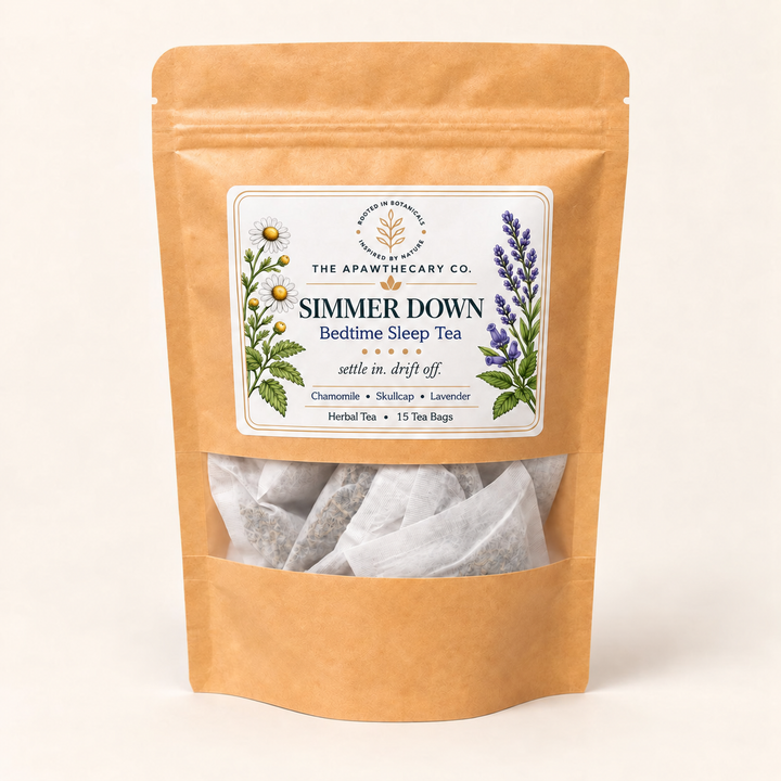 Simmer Down herbal tea pouch labeled 15 tea bags.