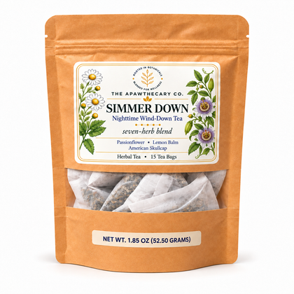 Simmer Down tea pouch on white; Passionflower, Lemon Balm and American Skullcap front label, 15 tea bags, 52.50 g.