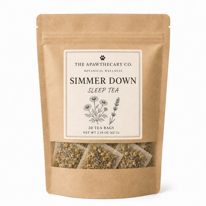 Simmer Down herbal tea pouch with a clear window showing the tea bags.