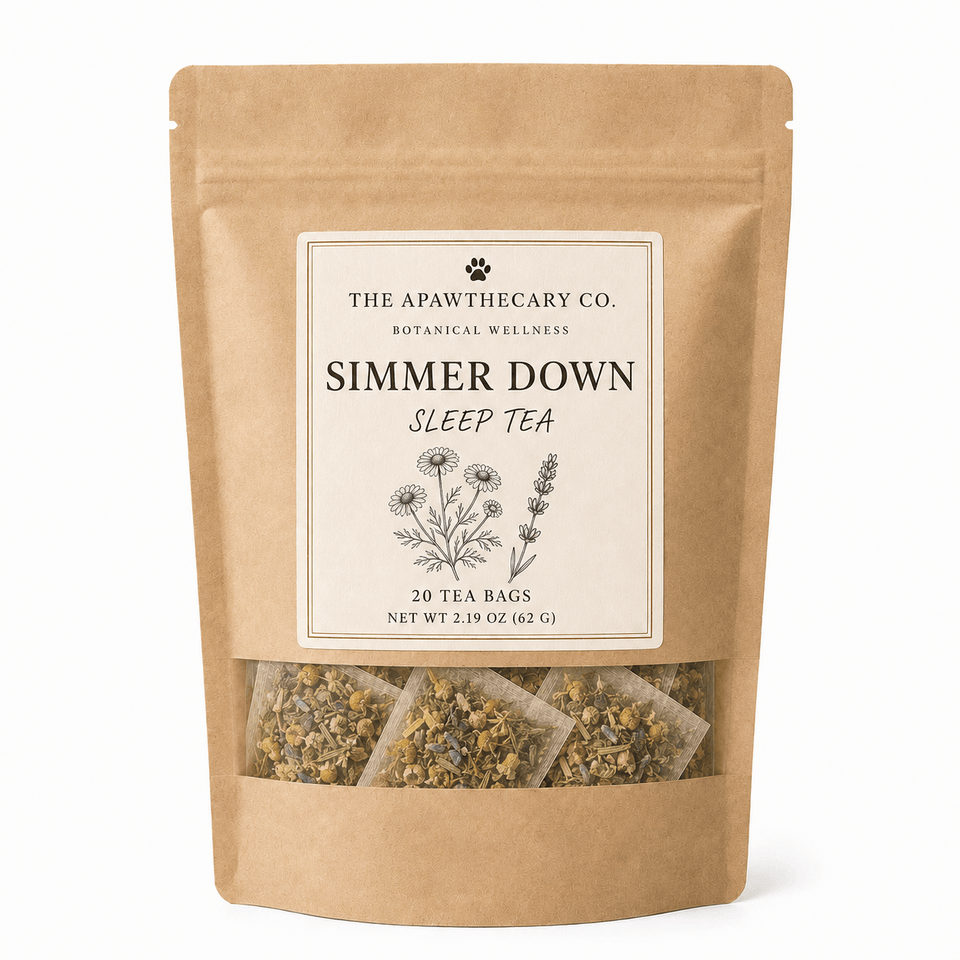 Simmer Down herbal tea pouch with a clear window showing the tea bags.
