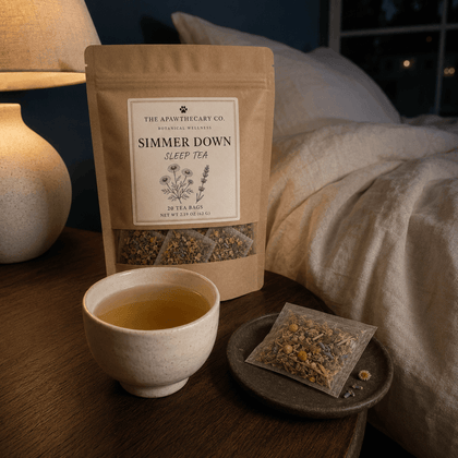 Simmer Down herbal tea pouch beside a brewed cup and tea sachet on a bedside table.