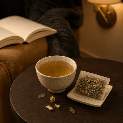 A warm cozy scene showing a cup of brewed herbal tea and a small square dish with a tea bag containing dried flowers and herbs, set on a dark wooden table next to an open book and a knitted blanket.