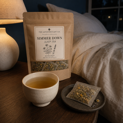 A kraft paper pouch of The Apothecary Co Simmer Down Sleep Tea stands on a wooden bedside table next to a cup of brewed tea and a small tea bag on a plate, with a softly lit bed in the background.