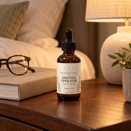 Smooth Operator 2 fl oz cuticle and nail oil on a bedside table beside a book and reading glasses.