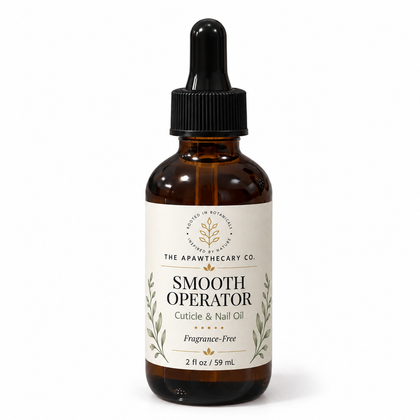 Smooth Operator fragrance-free cuticle and nail oil, 2 fl oz, in an amber dropper bottle with the new botanical label.