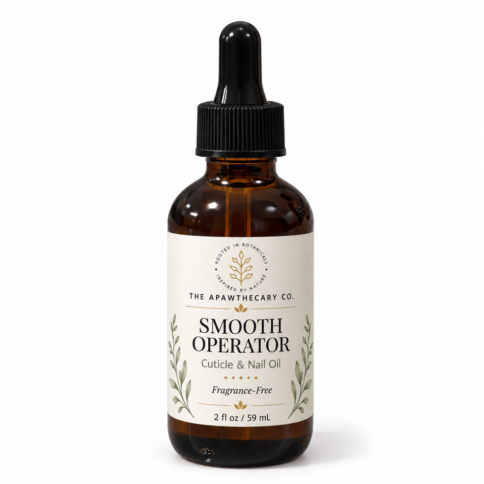 Smooth Operator fragrance-free cuticle and nail oil, 2 fl oz, in an amber dropper bottle with the new botanical label.