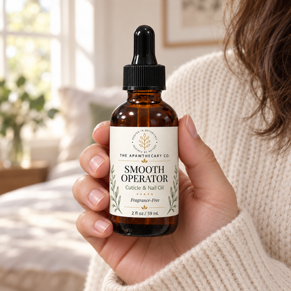 Smooth Operator 2 fl oz cuticle and nail oil held in a hand, showing its botanical label.