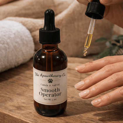Bottle of 'Smooth Operator' cuticle & nail oil from The Apawthecary Co. with a dropper being used.