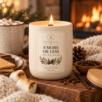 S’More or Less candle in a cozy fireside setting with toasted marshmallow and warm wood details
