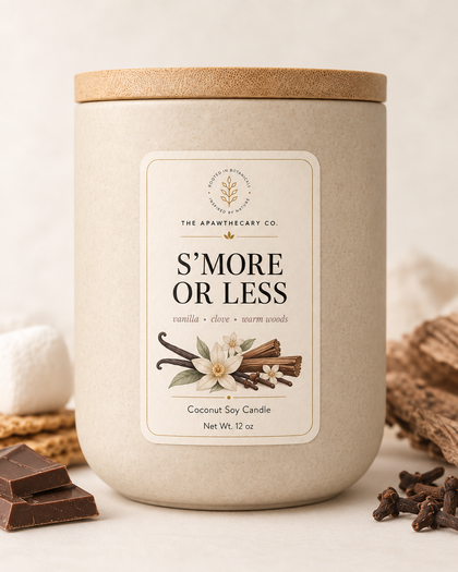 S’More or Less candle product image with vanilla clove and warm woods background