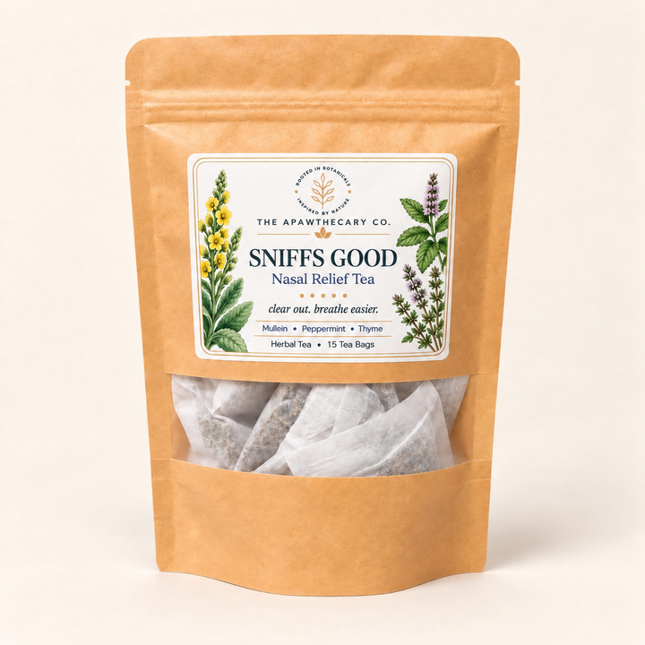 Sniffs Good herbal tea pouch labeled 15 tea bags.