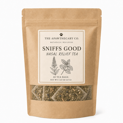 Sniffs Good herbal tea pouch with a clear window showing the tea bags.