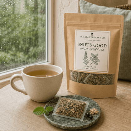 Sniffs Good herbal tea pouch beside a brewed cup and tea sachet near a rainy window.
