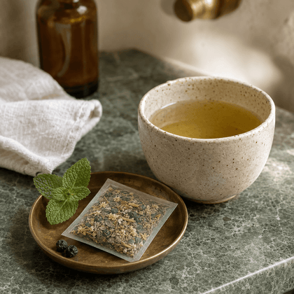 A speckled ceramic cup filled with tea sits on a green marble surface beside a small brass dish holding a tea bag packet, mint leaves, and a few dark berries. An amber bottle and folded white cloth are blurred in the background.