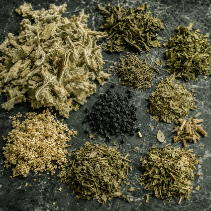 An assortment of dried and ground herbs and spices arranged in small piles on a dark green marble surface. The collection includes various green leafy herbs, a pile of pale beige seeds or grains, a central dark brown/black berry-like spice, and a small piece of dried bay leaf.