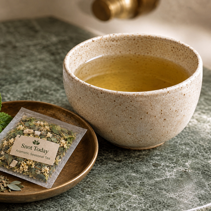 Snot Today herbal tea with a filled tea bag and the revised aromatic botanicals beside a warm cup.