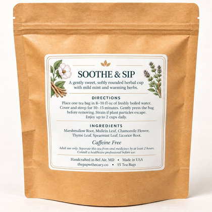 Back label of Soothe & Sip herbal tea with revised six-herb ingredients, directions, safety guidance, and 15 tea bags.
