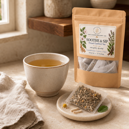 Soothe & Sip 15-bag herbal tea pouch beside a brewed cup and filled tea sachet.