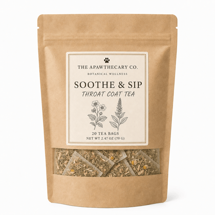 Soothe & Sip herbal throat comfort tea pouch with a clear window showing the tea bags.