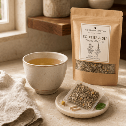 Soothe & Sip herbal tea pouch beside a brewed cup and tea sachet on a stone surface.