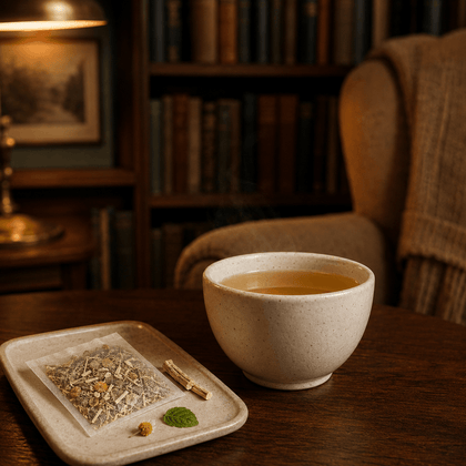 A warm cup of tea sits on a wooden table beside a small tray holding loose herbal tea ingredients, with a softly blurred bookshelf and chair in the background.