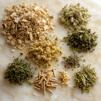 Various loose dried herbal ingredients arranged in small piles on a light marble surface, including tan bark pieces, pale yellow flower heads, and green leaves.