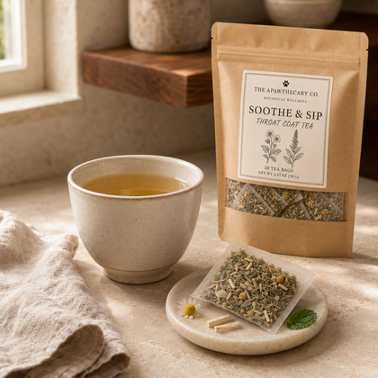 A kraft paper pouch of The Apothecary Co. Soothe & Sip Throat Coat Tea stands on a stone surface beside a ceramic cup of tea, a small dish with a tea bag, and a folded cloth in a softly lit interior setting.