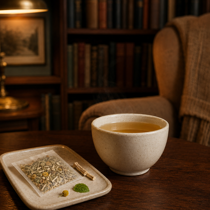 A warm cup of tea sits on a wooden table beside a small tray holding loose herbal tea ingredients, with a softly blurred bookshelf and chair in the background.