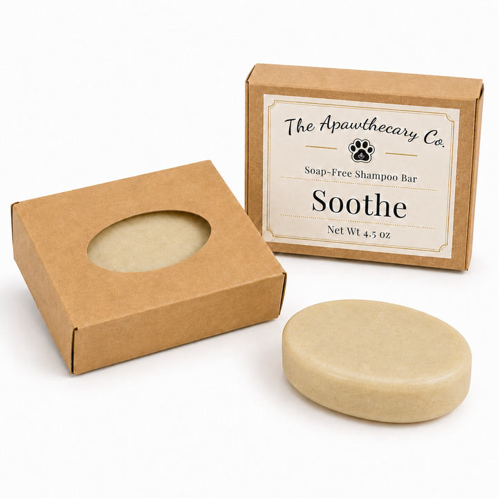 Soothe 4.5 oz soap-free shampoo bar beside kraft packaging on a white background.