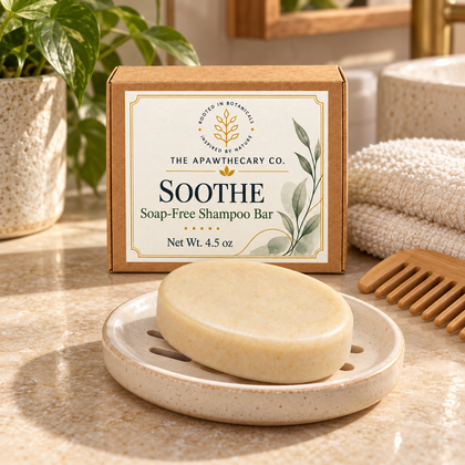 Soothe – Dry-Scalp Shampoo Bar — showcase with labeled packaging