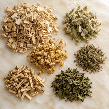 Soothe and Sip tea ingredients with marshmallow root, mullein leaf, thyme, licorice root, chamomile, and spearmint.