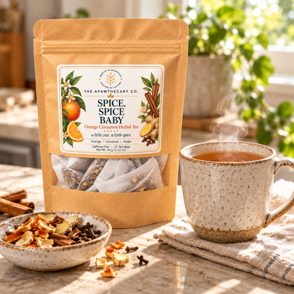 Spice, Spice Baby tea pouch beside a warm mug and orange peel, cinnamon, ginger, and cloves on a sunlit kitchen counter.