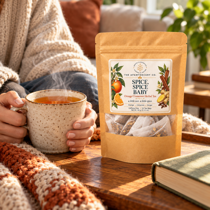 Hands holding a warm cup of tea beside the Spice, Spice Baby pouch in a cozy living room.