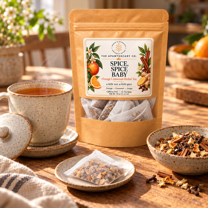Spice, Spice Baby tea pouch with a filled tea sachet, brewed cup, and loose orange-cinnamon botanical blend on a wooden table.