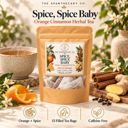 Spice, Spice Baby orange cinnamon tea showcase with 15-bag pouch, tea cup, and botanical ingredients.