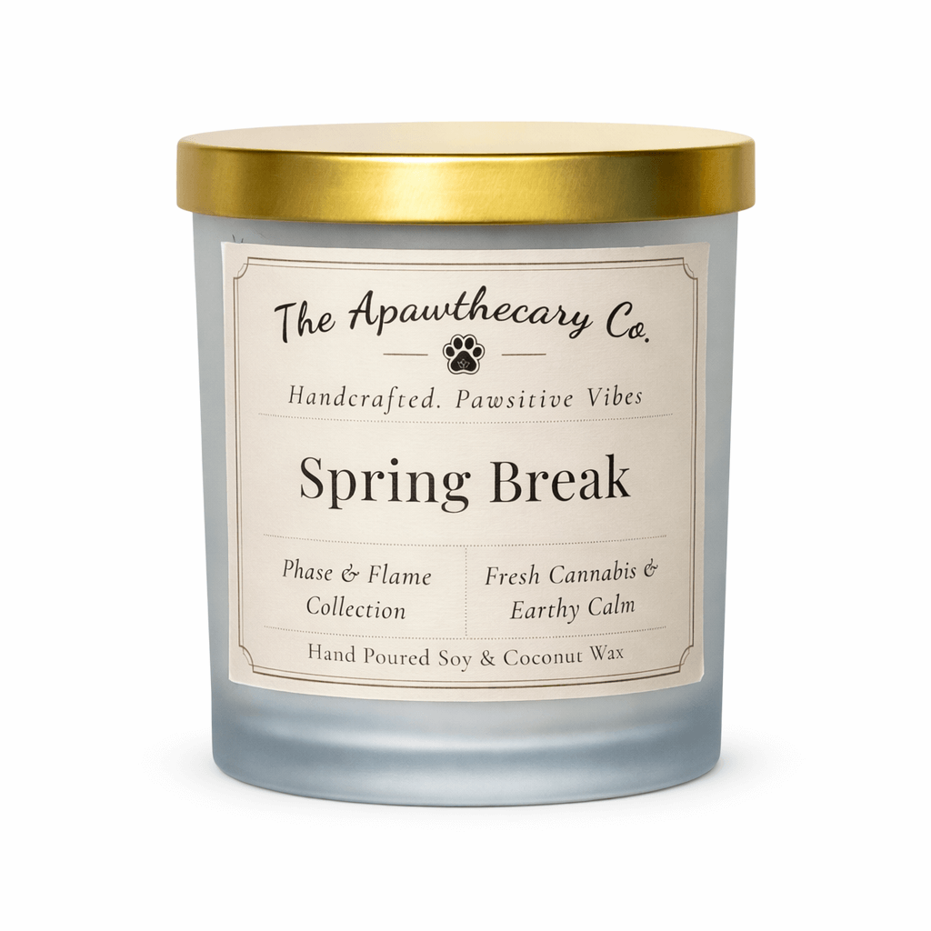 Candle with a gold lid and label from The Apawthecary Co. on a white background