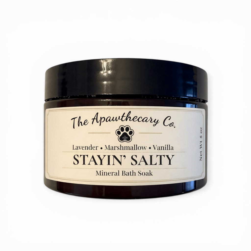 Stayin Salty – Mineral Bath Salt Soak in a jar labeled Lavender, Marshmallow, and Vanilla.