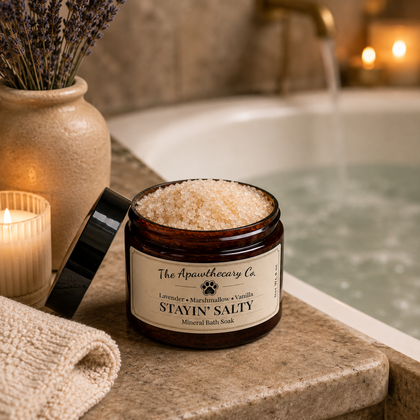 Stayin Salty – Mineral Bath Salt Soak in a jar beside a candle and lavender, set near a relaxing bathtub.