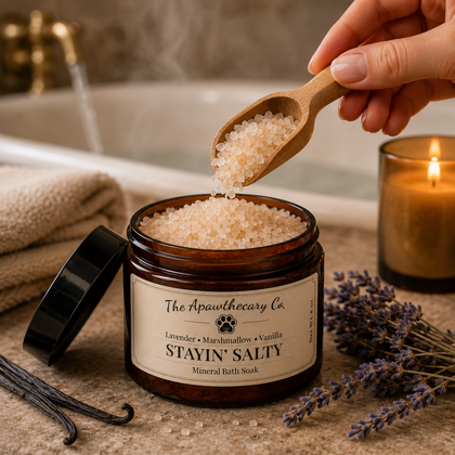 Stayin Salty – Mineral Bath Salt Soak in a jar with lavender and candle, perfect for a soothing bath experience.
